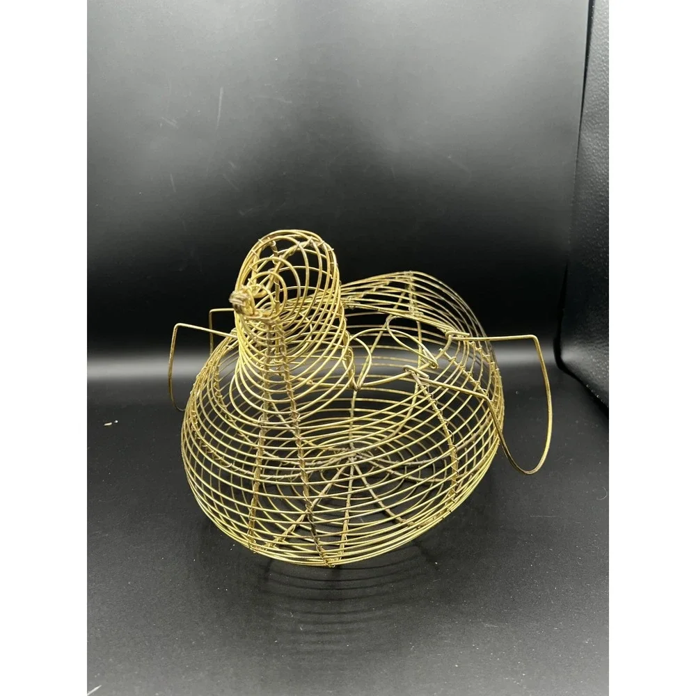 VTG Bird Duck Chicken Shaped Gold Wire Egg Collection Basket Wing Handles